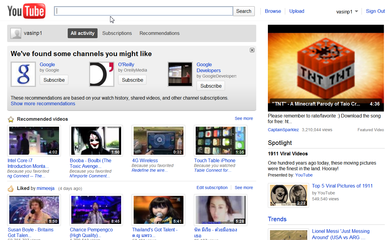 YouTube home page